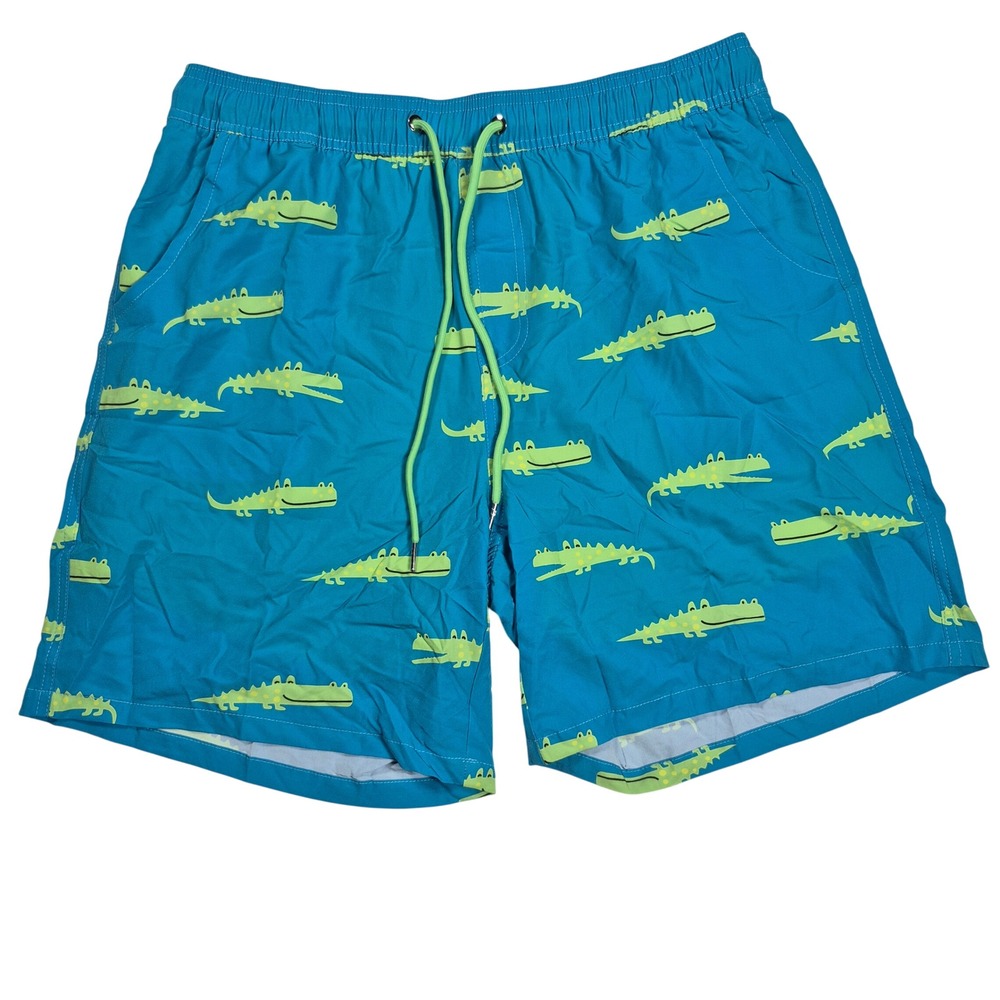 Men's XL Swim Trunks Blue Crocodile Print Elastic Waist Beach Pool Shorts
